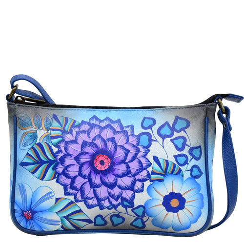 Anna by Anuschka style 8314, handpainted Mini Wide Crossbody. Summer Bloom Blue painting in blue color. Featuring inside zippered wall pocket, two multipurpose pockets
