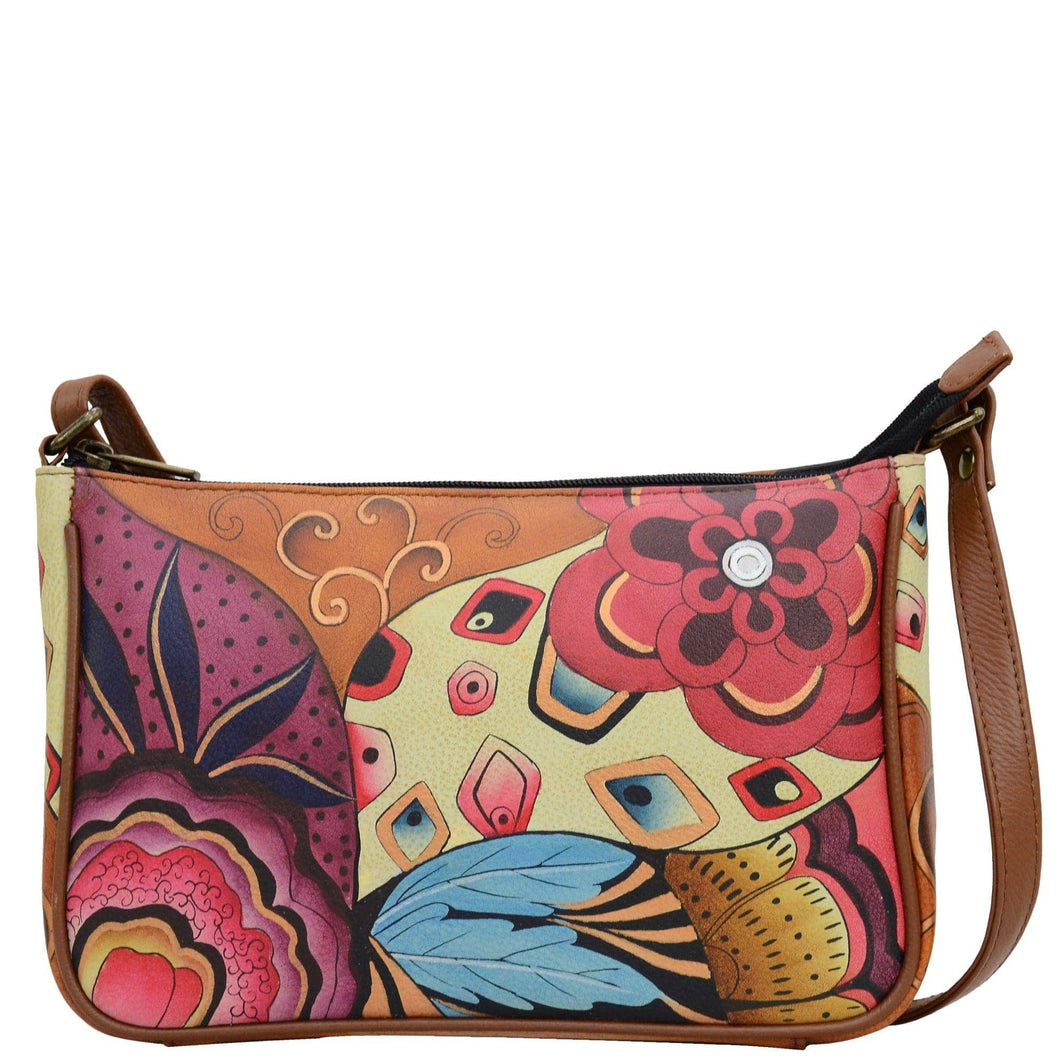 Anna by Anuschka style 8314, handpainted Mini Wide Crossbody. Tribal Potpourri painting in brown color. Featuring inside zippered wall pocket, two multipurpose pockets