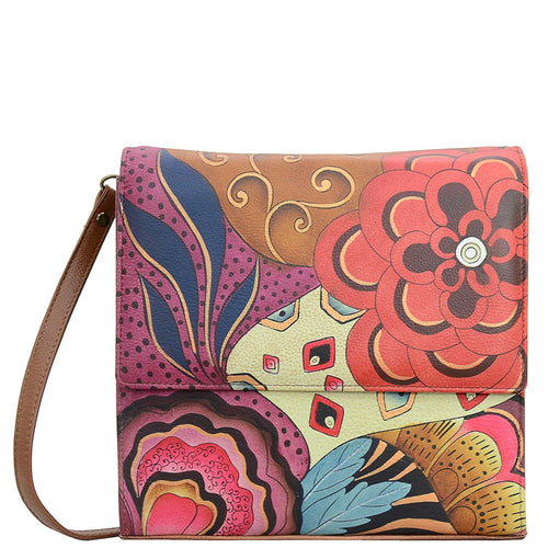 Anna by Anuschka style 8318, handpainted Flap Crossbody Organizer. Tribal Potpourri painting in brown color. Featuring three full length slip in pockets, twelve cc pockets, inside two open and one zippered compartment.