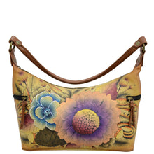 Load image into Gallery viewer, Anna by Anuschka style 8320, handpainted Medium East West Hobo. Rustic Bouquet painting in tan color. Featuring inside zippered wall pocket, two multipurpose pockets and two zippered side pockets.
