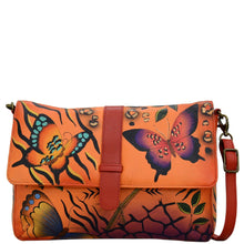 Load image into Gallery viewer, Anna by Anuschka style 8329, handpainted Medium Flap Messenger. Animal Butterfly Tangerine painting in orange color. Featuring Front full length slip in pocket with magnetic snap button, inside full length zippered wall pocket and two multipurpose pockets.

