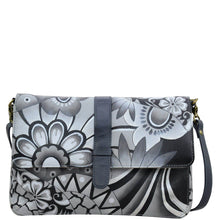 Load image into Gallery viewer, Anna by Anuschka style 8329, handpainted Medium Flap Messenger. Patchwork Pewter painting in grey color. Featuring Front full length slip in pocket with magnetic snap button, inside full length zippered wall pocket and two multipurpose pockets.
