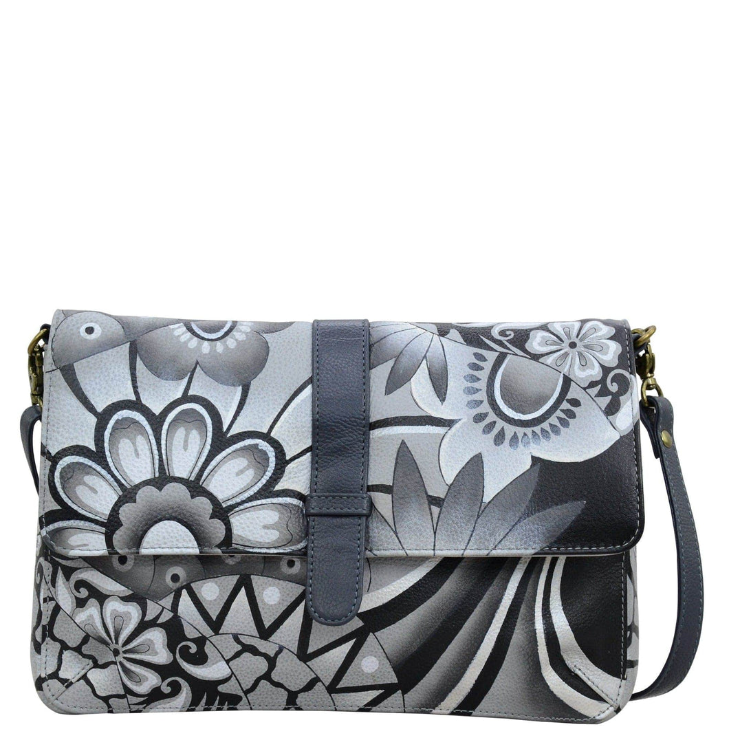 Anna by Anuschka style 8329, handpainted Medium Flap Messenger. Patchwork Pewter painting in grey color. Featuring Front full length slip in pocket with magnetic snap button, inside full length zippered wall pocket and two multipurpose pockets.