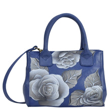 Load image into Gallery viewer, Anna by Anuschka style 8330, handpainted Small Convertible Tote. Romantic Rose Blue painting in Blue color. Featuring inside full length zippered wall pocket, two multipurpose pockets, expandable gusset with magnetic snap button and rear full length zippered pocket.
