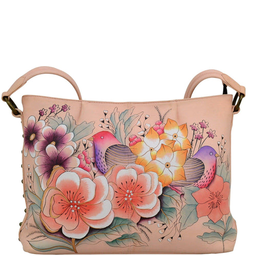 Anna by Anuschka style 8333, handpainted Shoulder Hobo. Vintage Garden painting in pink/peach color. Featuring one open wall pocket, two multipurpose pockets, rear full length zippered wall pocket and slip in cell pocket.