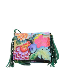 Load image into Gallery viewer, Anna by Anuschka style 8335, handpainted Fringed Flap Crossbody. Whimsical Garden painting in green/mint color. Featuring inside zippered wall pocket, two multipurpose pockets and rear full length zippered pocket, slip in cell pocket.
