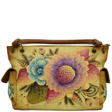 Load image into Gallery viewer, Anna by Anuschka style 8336, handpainted East West Shoulder Bag. Rustic Bouquet painting in tan color. Faeturing inside one zippered wall pocket, two multipurpose pockets and two side pockets with magnetic flap.
