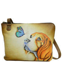 Load image into Gallery viewer, Anna by Anuschka style 8338, handpainted Two-Sided Zip Travel Organizer. Puppy Love painting in brown color. Featuring inside zippered partition pocket, zippered wall pocket, open pocket and two multi-purpose pocket, ten credit card holder.

