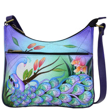 Load image into Gallery viewer, Anna by Anuschka style 8350, handpainted Medium Crossbody Hobo. Midnight Peacock painting in blue color. Featuring inside zippered wall pocket, two multipurpose pockets and front zippered pocket.
