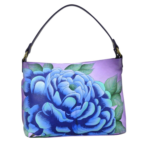 Anna by Anuschka style 8351, handpainted Large Shoulder Hobo. Precious Peony Eggplant painting in purple color. Featuring inside one zippered wall pocket, one open pocket, two multipurpose pockets and one vertical zippered side pocket.