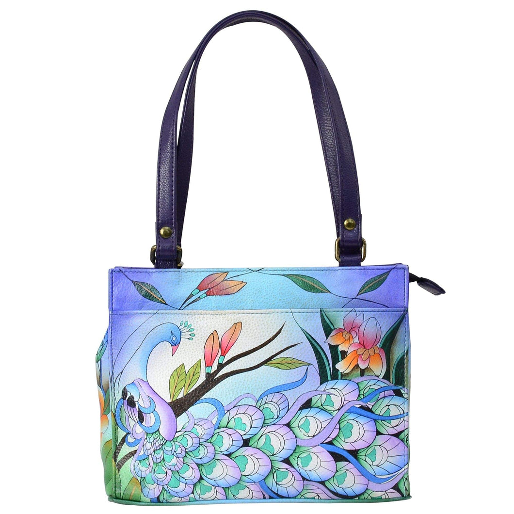 Anna by Anuschka style 8355, handpainted Mini Satchel. Midnight Peacock painting in blue color. Featuring inside one full length zippered wall pocket, Two multipurpose pockets and front full length zippered wall pocket.