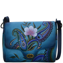 Load image into Gallery viewer, Anna by Anuschka style 8357, handpainted Flap Messenger. Denim Paisley Floral painting in blue color. Featuring inside one zippered wall pocket, two multipurpose pockets and one slip in wall pocket under flap.

