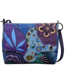 Load image into Gallery viewer, Anna by Anuschka style 8357, handpainted Flap Messenger. Tribal Potpourri Eggplant painting in purple color. Featuring inside one zippered wall pocket, two multipurpose pockets and one slip in wall pocket under flap.
