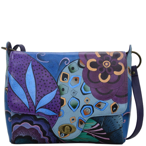Anna by Anuschka style 8357, handpainted Flap Messenger. Tribal Potpourri Eggplant painting in purple color. Featuring inside one zippered wall pocket, two multipurpose pockets and one slip in wall pocket under flap.