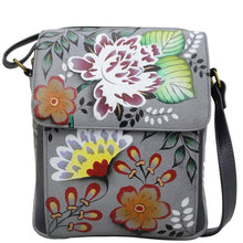 Load image into Gallery viewer, Anna by Anuschka style 8358, handpainted Crossbody Messenger. Garden Of Eden painting in grey color. Featuring front flap organizer, credit card holder, one full length open pocket.
