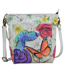 Load image into Gallery viewer, Anna by Anuschka style 8365, handpainted Large Hobo. Floral Paradise painting in white color. Featuring inside one full length zippered wall pocket, one open wall pocket two multipurpose pockets.
