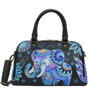 Anna by Anuschka style 8368, handpainted Wide Organizer Satchel. Blue Elephant painting in blue color. Featuring three gusted pocket and one zippered pocket covered in hook and loop, two card holders and one ID window and two multipurpose gusseted pockets.