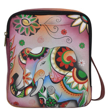 Load image into Gallery viewer, Anna by Anuschka style 8369, handpainted Travel Organizer Crossbody. Retro Elephant painting in Wine color. Featuring four pop up credit card holders &amp; Two multipurpose open gusseted pockets.
