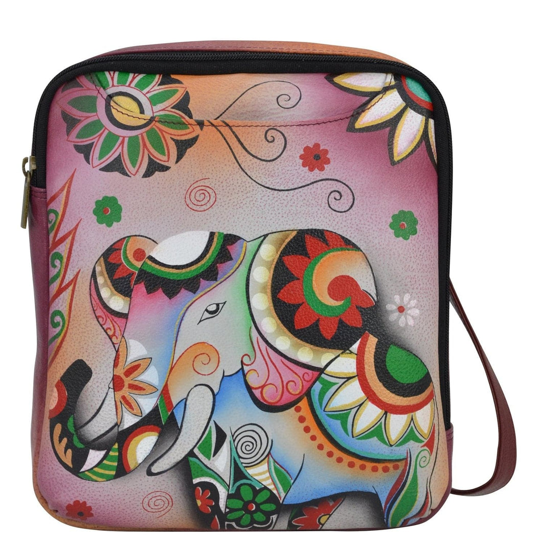 Anna by Anuschka style 8369, handpainted Travel Organizer Crossbody. Retro Elephant painting in Wine color. Featuring four pop up credit card holders & Two multipurpose open gusseted pockets.
