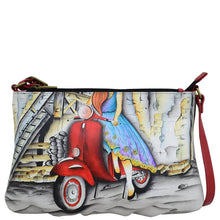 Load image into Gallery viewer, Anna by Anuschka style 8373, handpainted Wide Crossbody. Roman Dreams painting in white color. Featuring Two top zip compartments and inside one zippered wall pocket, two multipurpose pockets.
