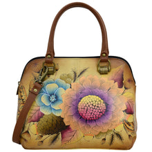 Load image into Gallery viewer, Anna by Anuschka style 8375, handpainted Medium Satchel. Rustic Bouquet painting in tan color. Featuring Inside one zippered wall pocket, one open wall pocket, two multipurpose pockets and rear full length zippered pocket, slip in cell pocket.
