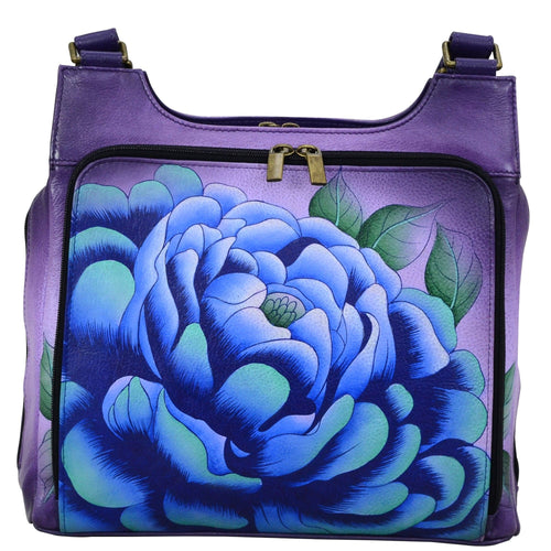 Anna by Anuschka style 8378, handpainted Multicompartment Organizer Satchel. Precious Peony Eggplant painting in purple color. Featuring iPad Pro chamber with hook and loop fastener, two multipurpose gusseted Pockets and front all round zippered gusseted compartment with Twenty card holder.