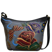 Load image into Gallery viewer, Anna by Anuschka style 8388, handpainted Medium Hobo. Rose Safari Grey painting in grey color. Featuring inside full length zippered wall pocket, two multipurpose pockets with gusset.
