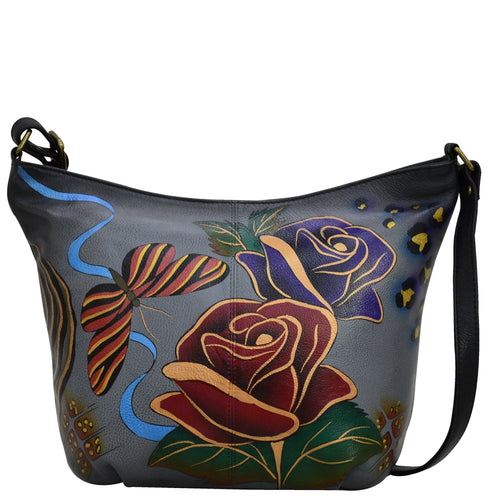 Anna by Anuschka style 8388, handpainted Medium Hobo. Rose Safari Grey painting in grey color. Featuring inside full length zippered wall pocket, two multipurpose pockets with gusset.