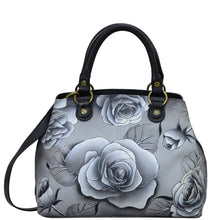 Load image into Gallery viewer, Anna by Anuschka style 8392, handpainted Multi Compartment Satchel. Romantic Rose Black painting in Black color. Featuring two compartments with magnetic snap button, inside one full length zippered compartment and full length zippered wall pocket, two multipurpose pockets with gusset.
