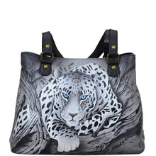 Load image into Gallery viewer, Anna by Anuschka style 8397, handpainted Shoulder Satchel. African Leopard painting in black color. Featuring inside two multipurpose pockets with gusset, one zippered wall pocket and one open wall pocket.
