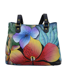 Load image into Gallery viewer, Anna by Anuschka style 8397, handpainted Shoulder Satchel. Midnight Floral painting in black color. Featuring inside two multipurpose pockets with gusset, one zippered wall pocket and one open wall pocket.
