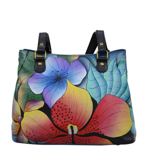 Anna by Anuschka style 8397, handpainted Shoulder Satchel. Midnight Floral painting in black color. Featuring inside two multipurpose pockets with gusset, one zippered wall pocket and one open wall pocket.