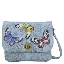 Load image into Gallery viewer, Butterfly Garden Blue Triple Compartment Flap Crossbody - 8428
