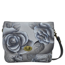 Load image into Gallery viewer, Romantic Rose Black Triple Compartment Flap Crossbody - 8428
