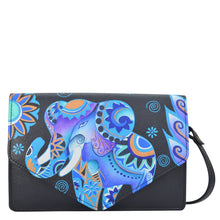 Load image into Gallery viewer, Anna by Anuschka style 8436, handpainted 3 in 1 Convertible Crossbody / Clutch / Belt bag. Blue Elephant painted in Black color. Featuring inside one top zippered wall pocket, one open pocket and six card holders with removable adjustable strap.
