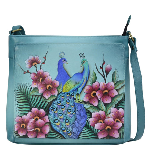 Anna by Anuschka style 8437, handpainted Crossbody Organizer. Peacock Love painted in Blue color. Featuring inside zippered wall pocket, slip pocket and two multipurpose open gusseted pockets with crossbody  adjustable strap.