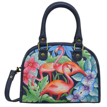 Load image into Gallery viewer, Anna by Anuschka style 8446, handpainted Convertible Satchel. Flamingo Fever painted in Blue color. Featuring inside one full length zippered wall pocket, One zippered partition pocket and two multipurpose pockets with gusset.
