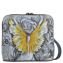 Load image into Gallery viewer, Anna by Anuschka style 8476, handpainted Small Zip Around Crossbody. Guardian Angel painted in Multi color. Featuring One zippered partition pocket and one multipurpose pockets with gusset.​
