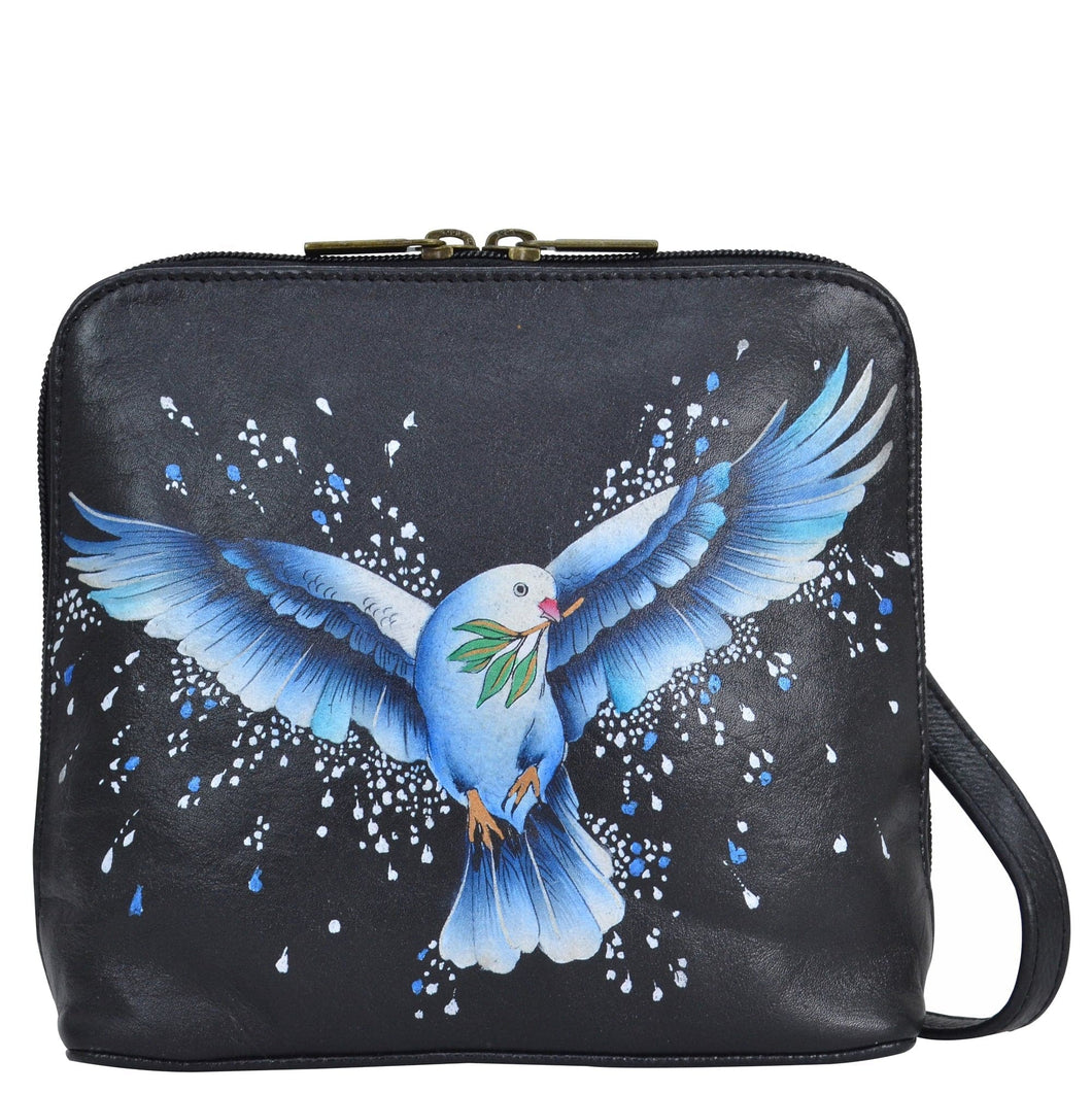 Anna by Anuschka style 8476, handpainted Small Zip Around Crossbody. Peace and Love painted in Black color. Featuring One zippered partition pocket and one multipurpose pockets with gusset.​