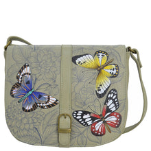 Load image into Gallery viewer, Anna by Anuschka style 8486, handpainted Flap Crossbody. Butterfly Garden Taupe in Grey color. Featuring inside one zippered wall pocket, one open multipurpose pocket and front full length slip in pocket.

