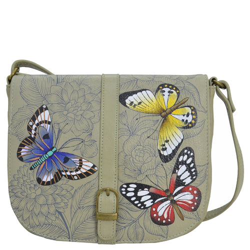 Anna by Anuschka style 8486, handpainted Flap Crossbody. Butterfly Garden Taupe in Grey color. Featuring inside one zippered wall pocket, one open multipurpose pocket and front full length slip in pocket.