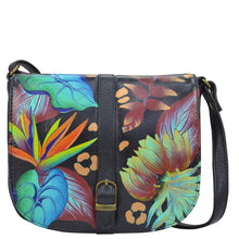 Load image into Gallery viewer, Anna by Anuschka style 8486, handpainted Flap Crossbody. Tropical Dreams Black in Black color. Featuring inside one zippered wall pocket, one open multipurpose pocket and front full length slip in pocket.
