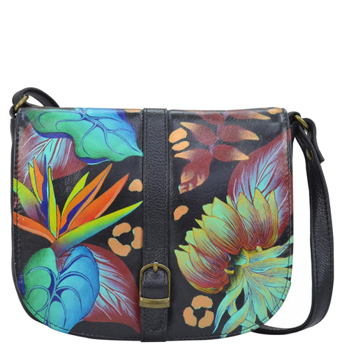 Anna by Anuschka style 8486, handpainted Flap Crossbody. Tropical Dreams Black in Black color. Featuring inside one zippered wall pocket, one open multipurpose pocket and front full length slip in pocket.