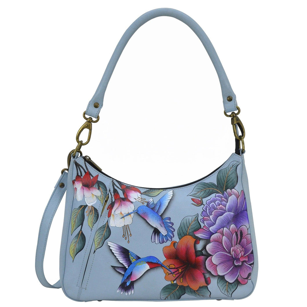 Anna by Anuschka style 8487, handpainted Large Top Zip Hobo. Garden Jewels in Blue color. Featuring inside one zippered wall pocket, one open wall pocket, two multipurpose pockets with gusset and front vertical zippered pocket.