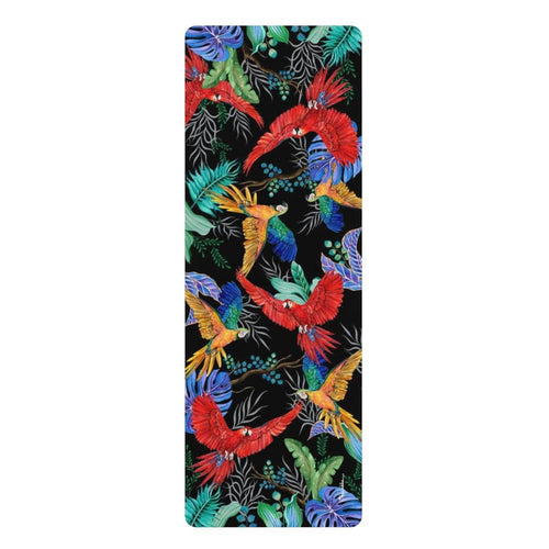 Anuschka Rubber Yoga Mat, Rainforest Beauties printing in Black color. Featuring anti-slip rubber bottom for extra stability, this yoga mat helps you better balance during any pose and absorbs impact, delivering a higher comfort factor for all your exercise.
