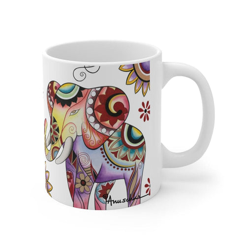 Anuschka Coffee Mug, Retro Elephant Ivory printing in White color. Featuring can be safely placed in a microwave for food or liquid heating and suitable for dishwasher use.