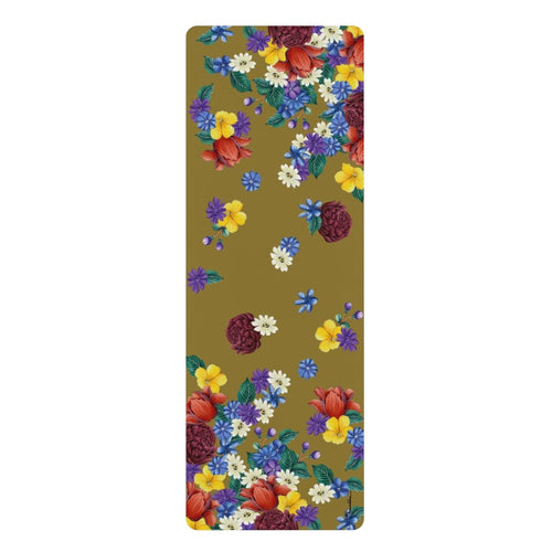 Anuschka Rubber Yoga Mat, Dreamy Floral printing in Brown color. Featuring anti-slip rubber bottom for extra stability, this yoga mat helps you better balance during any pose and absorbs impact, delivering a higher comfort factor for all your exercise.